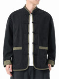 Men's Corduroy Chinese Style Tang Mandarin Collar Jacket with Contrast Trim