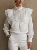 Women's Stylish Sequin Lace Ruffle High Neck Victorian Blouse