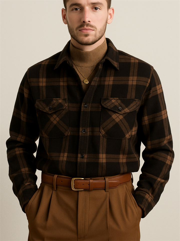 Men's Retro Coffee Plaid Long Sleeve Cargo Shirt