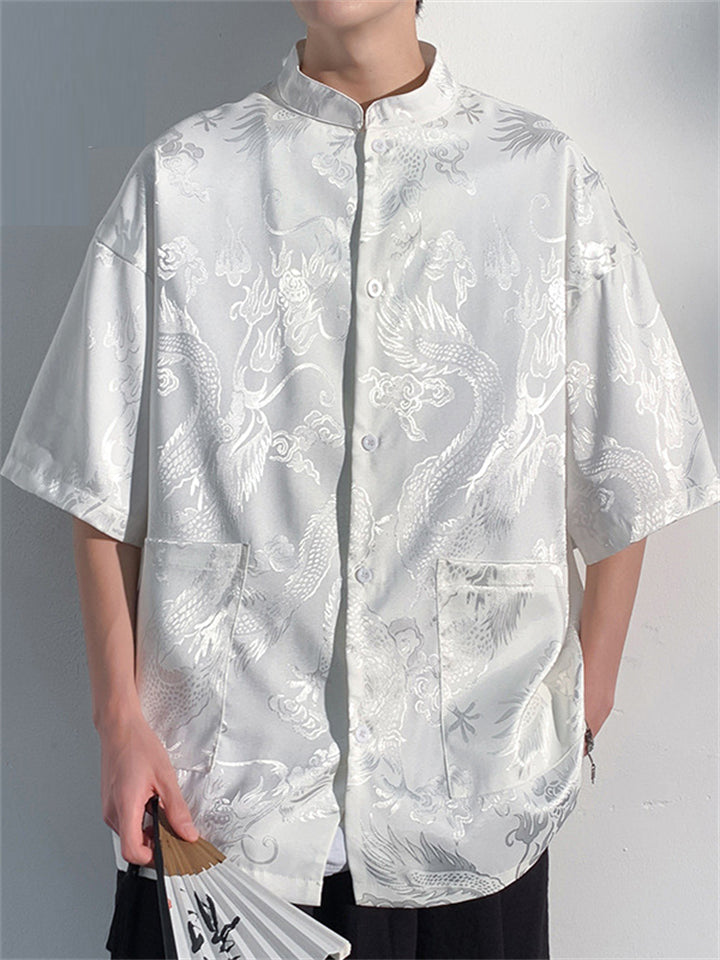 Summer Casual Loong Print Stand Collar Half Sleeve Shirt for Men