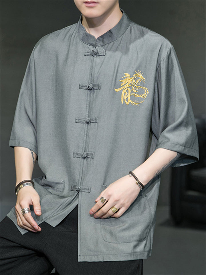 Men's Retro Cool Comfy Hanzi Loong Embroidery Button Up Shirt