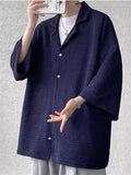 Men's Casual Solid Color Textured 3/4 Sleeve Cardigan Shirt