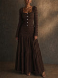 Women Smocked Square Neck Long Sleeve Tiered Maxi Dress