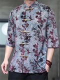 Chinese Style Print Frog Button Half Sleeve TangSuit Shirt for Men
