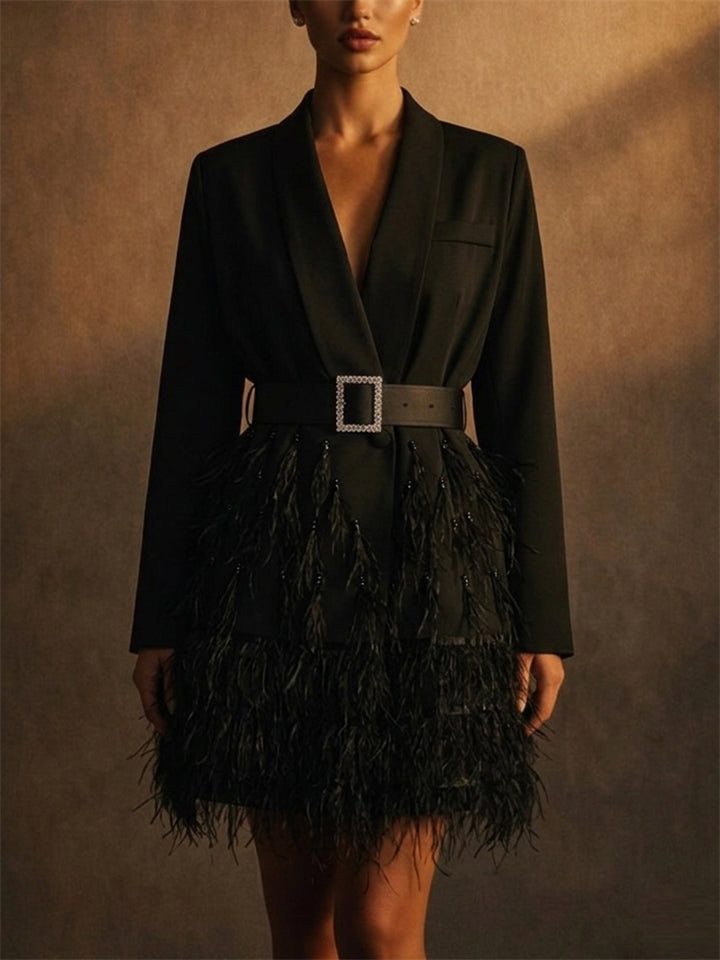 Women Black Feather Trim Party Blazer Dress with Rhinestone Belt
