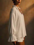 Women White V Neck Ruffle Collar Lantern Sleeve Loose Blouse