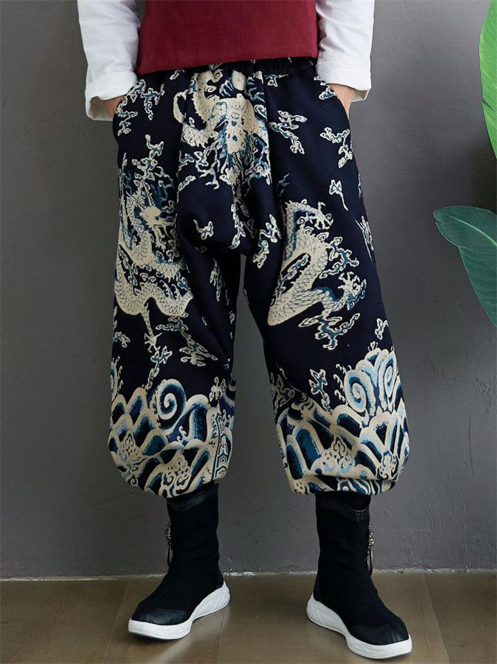 Thicken Men's Chinese Loong Print Elastic Waist Drop Crotch Pants