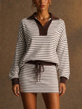 Women Striped Knit 2 Piece Set Polo Top and Mini Skirt