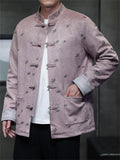 Men's Chinese Style Faux Suede Stand Collar Loose Fit Jacket with Leaf Print