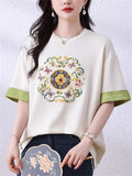 Korean Style Loose Women's Print Contrast Color T-Shirt