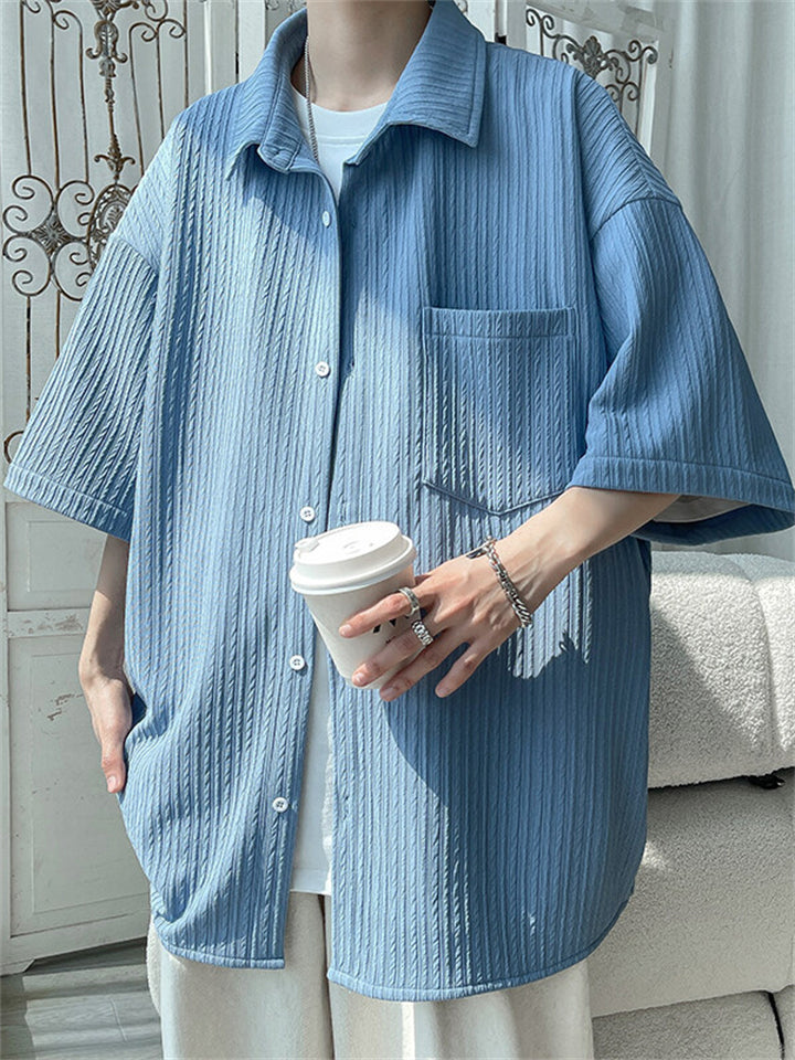 Summer Solid Color Pleated Button Up Half Sleeve Shirt for Men
