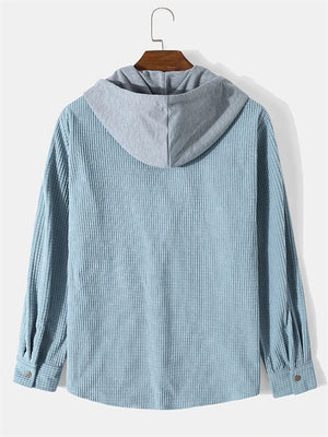 Men's Contrast Color Waffle Pattern Button Up Pocket Hooded Shirts