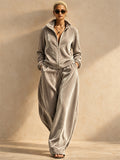 Women Velvet Two Piece Zip Up Top Wide Leg Pants Tracksuit