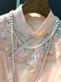 Retro Pink Floral embroidery Tang Suit Top For Women