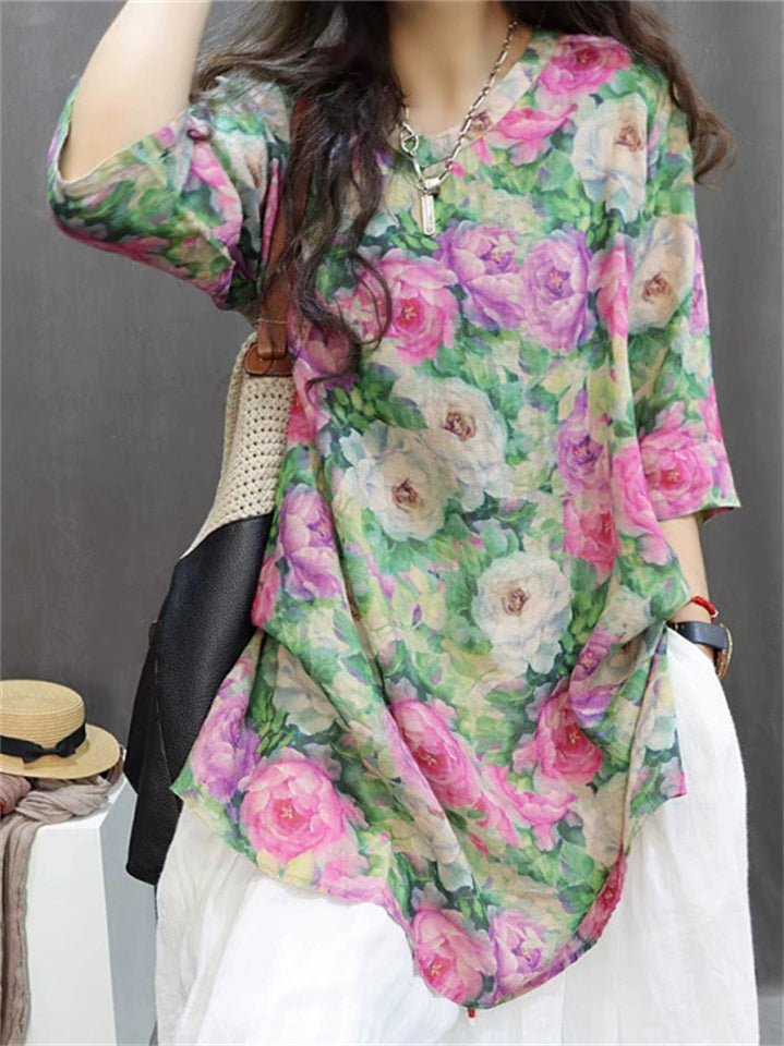 Women's Casual Summer Flowers Printed V Neck Half Sleeve Shirt
