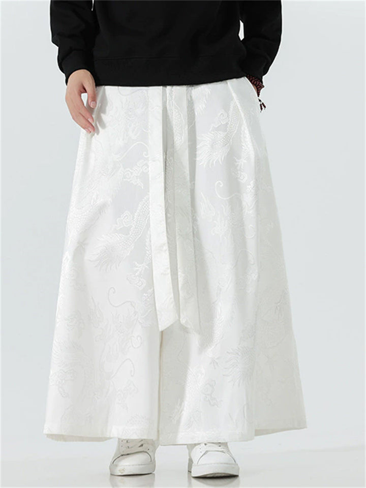 Men's Chinese Style Loong Jacquard Wide Leg Hanfu Mamian Pants