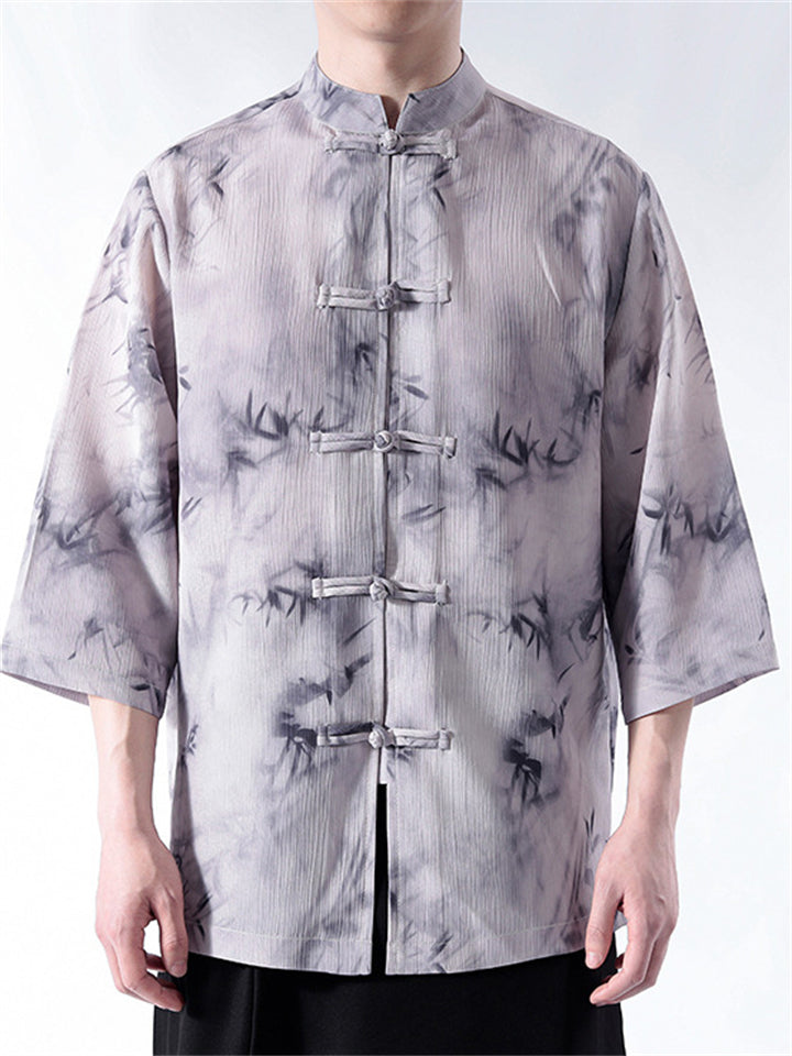 Retro Summer Men's Bamboo Print 3/4 Sleeve Shirts