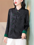 Chinese Style Female Colorblocked Sleeve Cuff Shirts