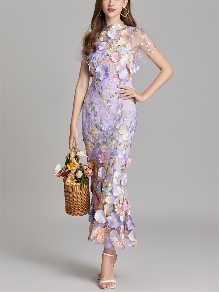 Elegant 3D Floral Embroidery Women's Sabrina Neckline Maxi Dress