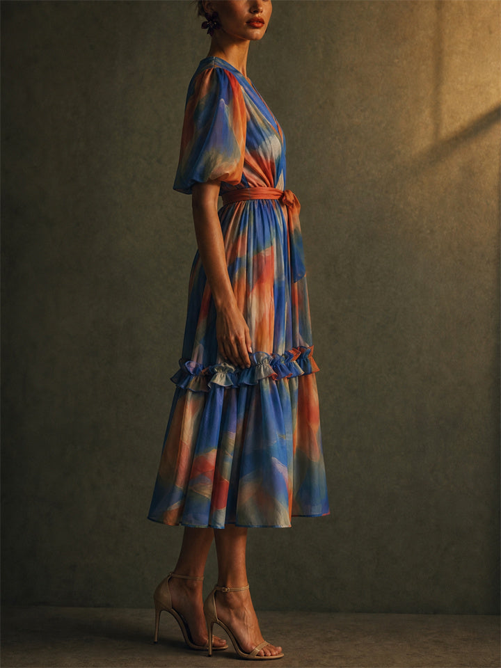 Womens Watercolor Floral Pleated Puff Sleeve Midi Dress