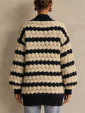 Women Chunky Knit Cardigan Black Beige Striped Open Front Sweater