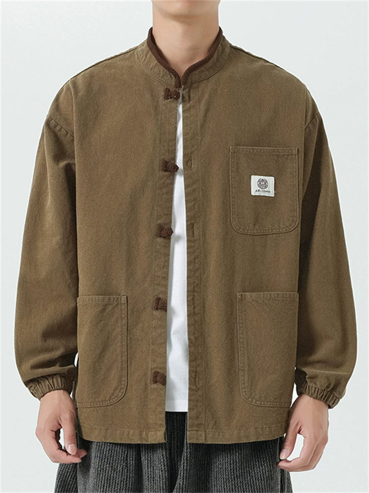 Men's Chinese Style Contrast Collar Cotton Frog Button Tang Suit Chore Jackets