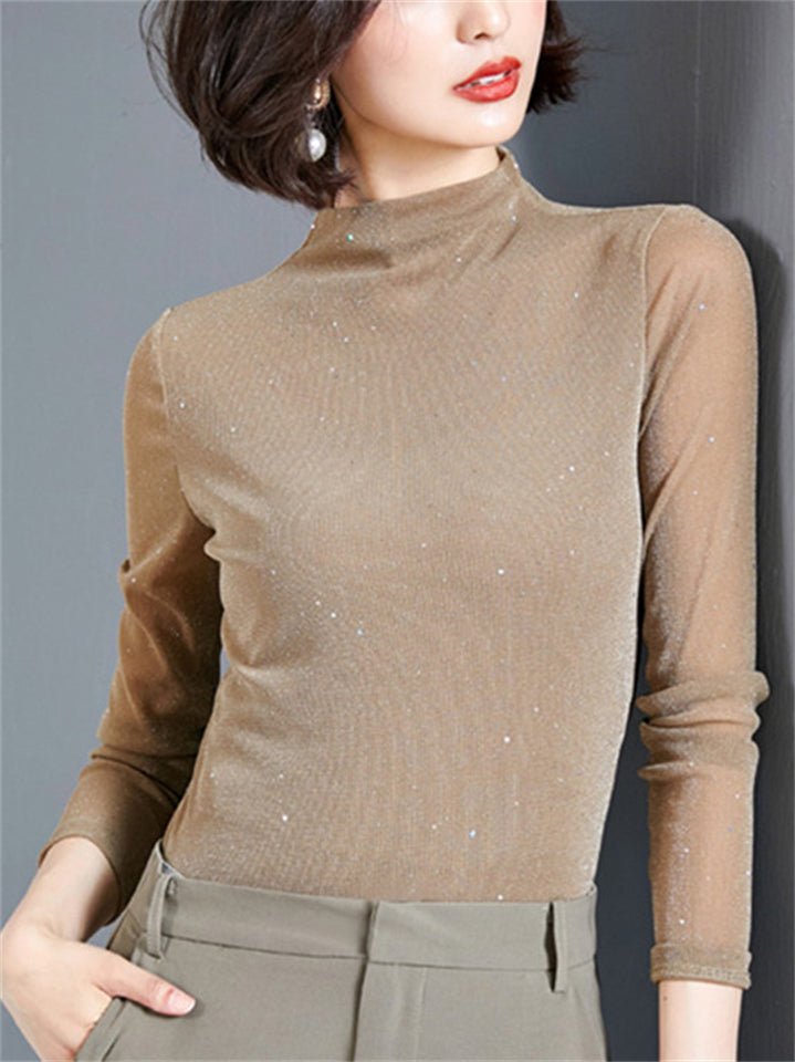 Women's High Neck Bling Solid Color Long-sleeve Undershirt