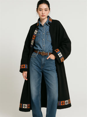 Women's Ethnic Style Trimmings Patchwork Black Cardigan Coat