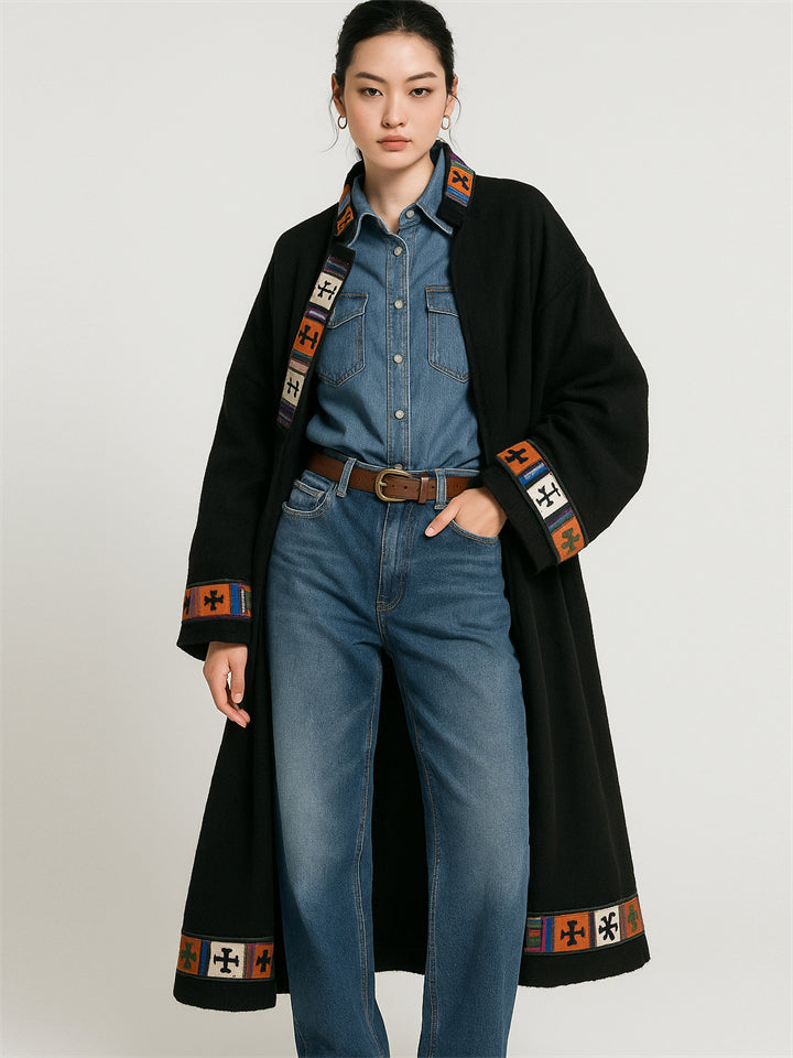 Women's Ethnic Style Trimmings Patchwork Black Cardigan Coat