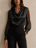 Womens Satin Cowl Neck Sheer Striped Sleeve Blouse