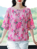 Female Elegant Summer Floral Print O-Neck Half Sleeve Shirt
