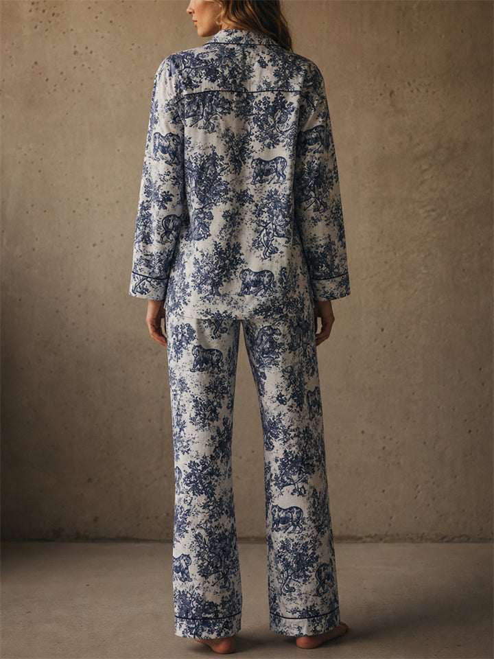 Women 2 Piece Toile De Jouy Blue Long Sleeve Cotton Pajama Set