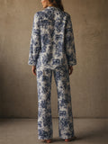 Women 2 Piece Toile De Jouy Blue Long Sleeve Cotton Pajama Set