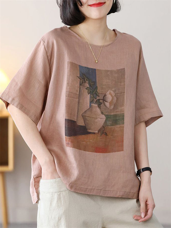 Summer Casual Cotton Linen Painting Print Round Neck T-shirt for Women