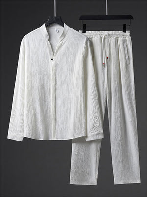 Men's 2Pcs Casual Autumn Solid Color Texture V Neck Long Sleeve Outfits