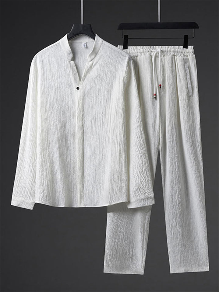 Men's 2Pcs Casual Autumn Solid Color Texture V Neck Long Sleeve Outfits