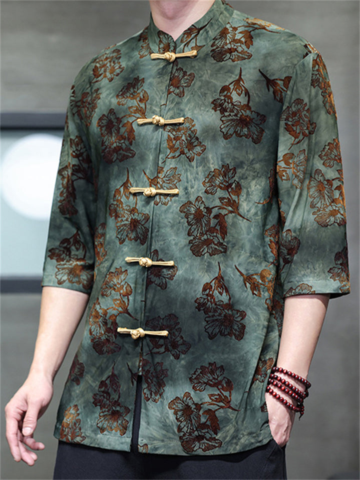 Chinese Style Print Frog Button Half Sleeve TangSuit Shirt for Men