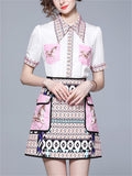 Women's 2Pcs Geometry Print Lapel Shirt & Skirt Set