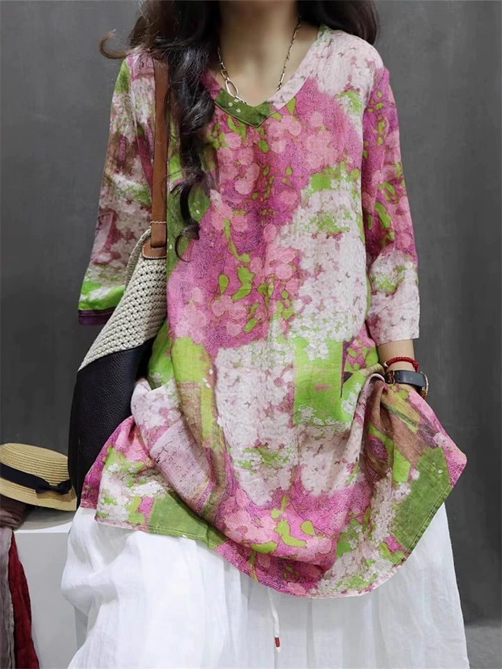 Women's Casual Summer Retro V Neck Printed Half Sleeve Shirt