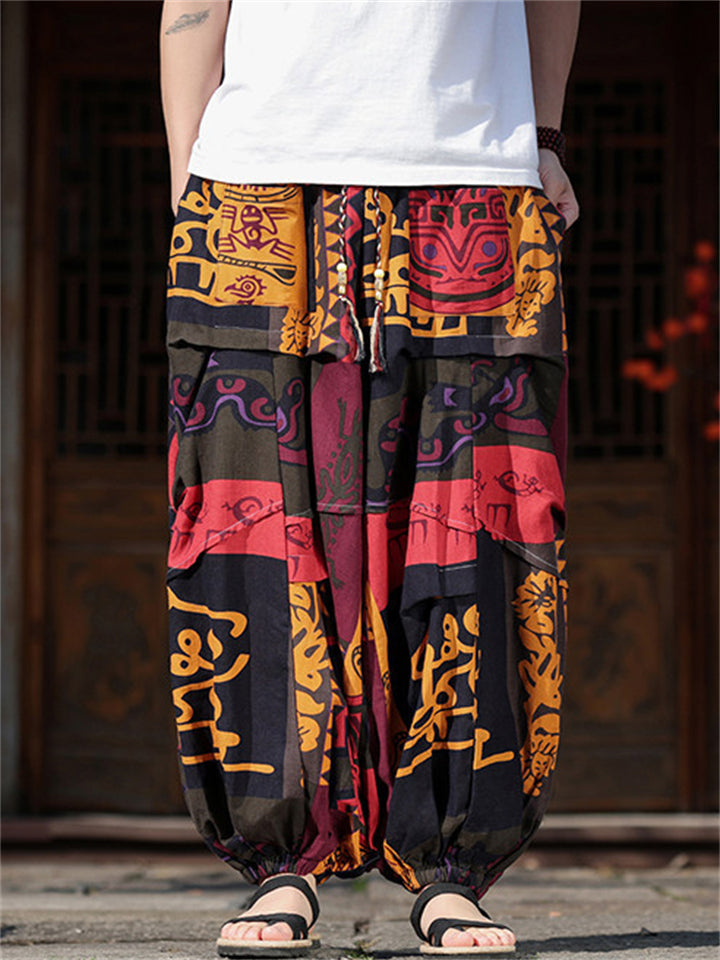 Men's Chinese Style Tribal Print Baggy Wide Leg Cropped Harem Pants