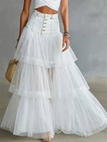 Womens High Waisted Button Front Denim Patchwork Tiered Maxi Skirt