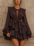 Women's Stylish Lantern Sleeve Ruffle Tiered  Cocktail Mini Dress