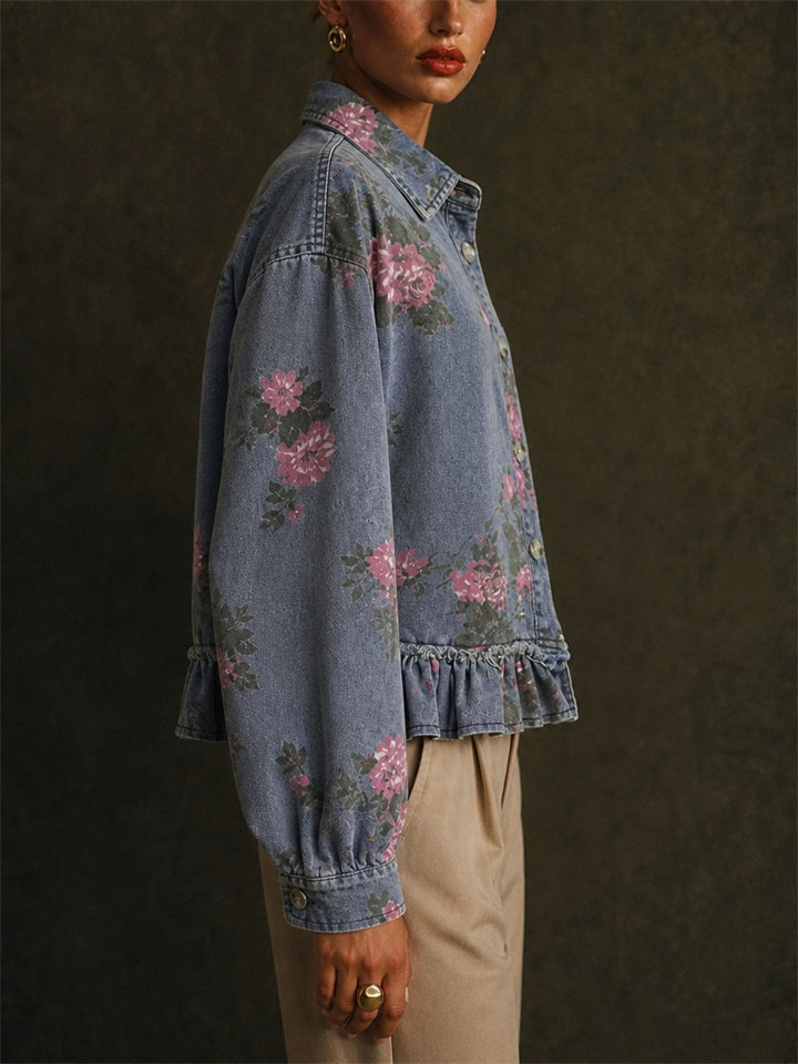 Women Vintage Floral Denim Ruffle Hem Jean Jackets