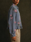 Women Vintage Floral Denim Ruffle Hem Jean Jackets