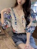 Women's French Style Summer Printed Lace Patchwork Puffed Sleeve Shirts