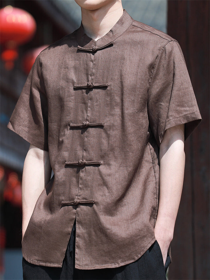 Men's Summer Linen Button Up Stand Collar Tang Suit Shirts