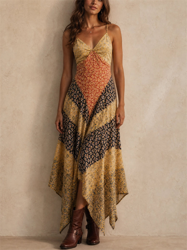 Women Boho Floral Patchwork Backless Handkerchief Hem Dress