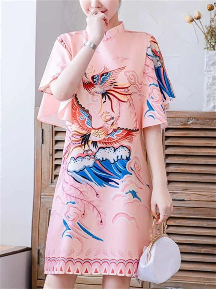 Women's Pink Elegant Phoenix Printed QIPAO Style Knee Length Dress