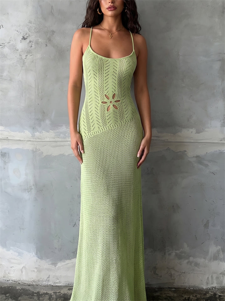 Women's Boho Style Crochet Knit Backless Flower Cutout Beach Maxi Dress