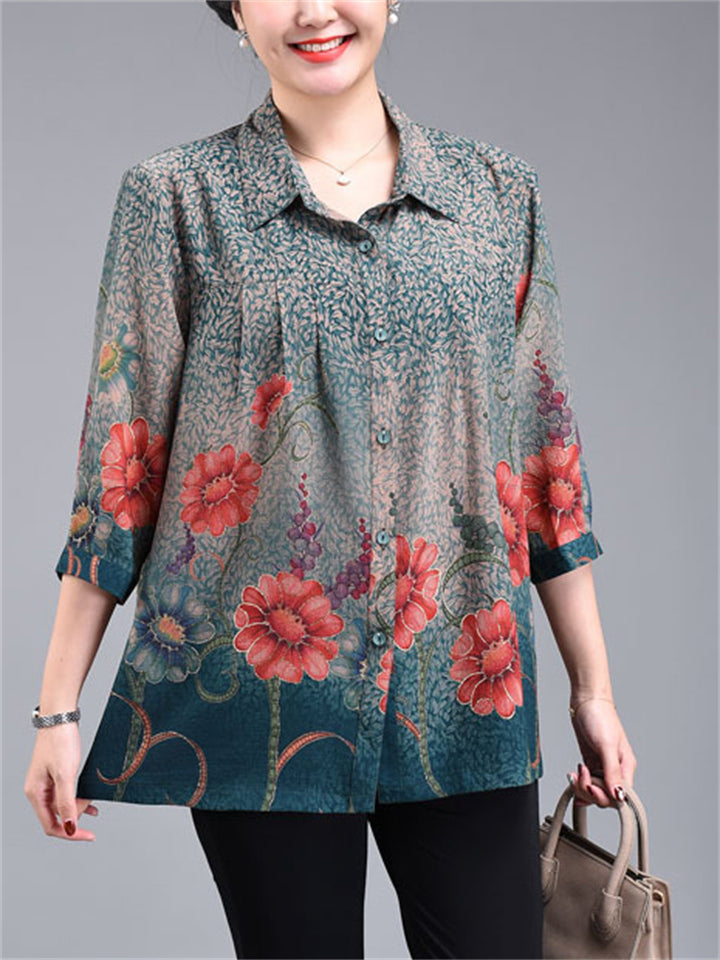 Women's Plus Size Casual Summer Flowers Print  3/4 Sleeve Shirt